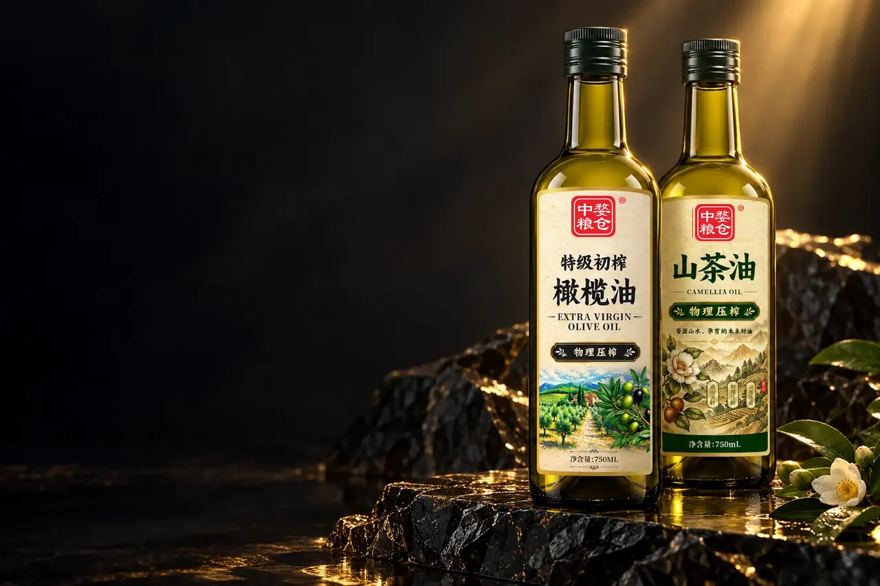 华酯橄榄油与山茶油双瓶创意光影陈列